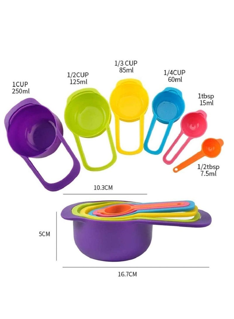 ECVV - 6 Pcs of Plastic Measuring Cups and Spoons Set. Stackable, Space Saving, Multicolour - Image 1