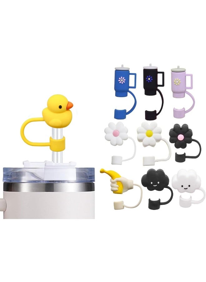 ECVV ECVV 10Pcs Straw Cover Cap for Stanley Cup Cute Cup and Flower Shape Silicone Straw Lids, Reusable Dust-Proof Straw Topper for Stanley Tumbler Accessories, 10mm Multicolor04  - Image 1