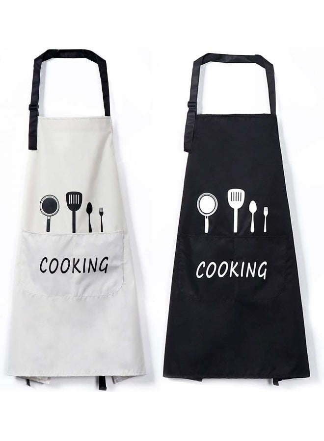 ECVV 2 Pack Kitchen Aprons with Pocket Adjustable Neck Strap Bib Apron Waterproof and Oil Proof Chef Cooking Apron for Home Kitchen, Cleaning, Gardening White, Black - Image 1