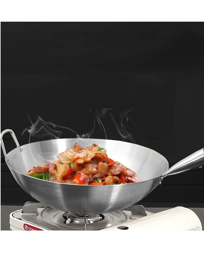إي سي في في Stainless Steel Wok Pan Stir Fry Pan Deep Frying Wok Frying Skillet with Wooden Handle | 32cm Stainless Steel 32cm  - Image 3