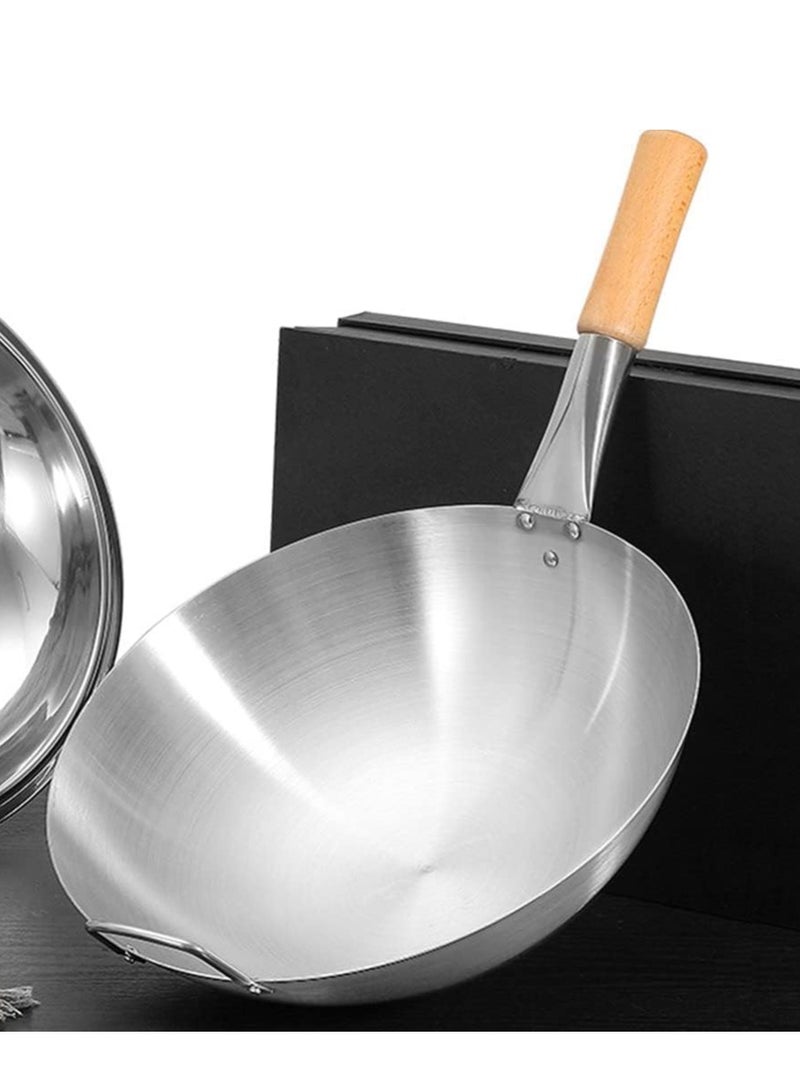 إي سي في في Stainless Steel Wok Pan Stir Fry Pan Deep Frying Wok Frying Skillet with Wooden Handle | 32cm Stainless Steel 32cm  - Image 4