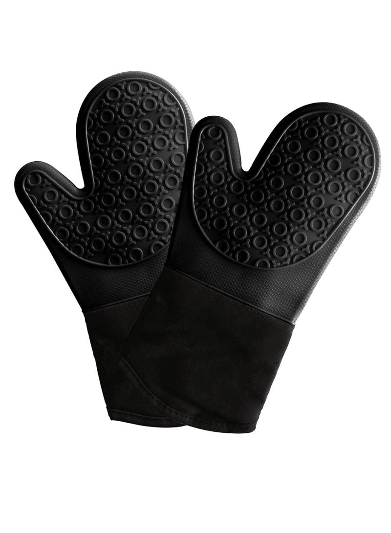 إي سي في في Black Silicone Oven Mitts Waterproof Heat Resistant BBQ Baking Gloves Long Oven Mitt Pot Holders for Kitchen Cooking Baking Grilling Black  - Image 1