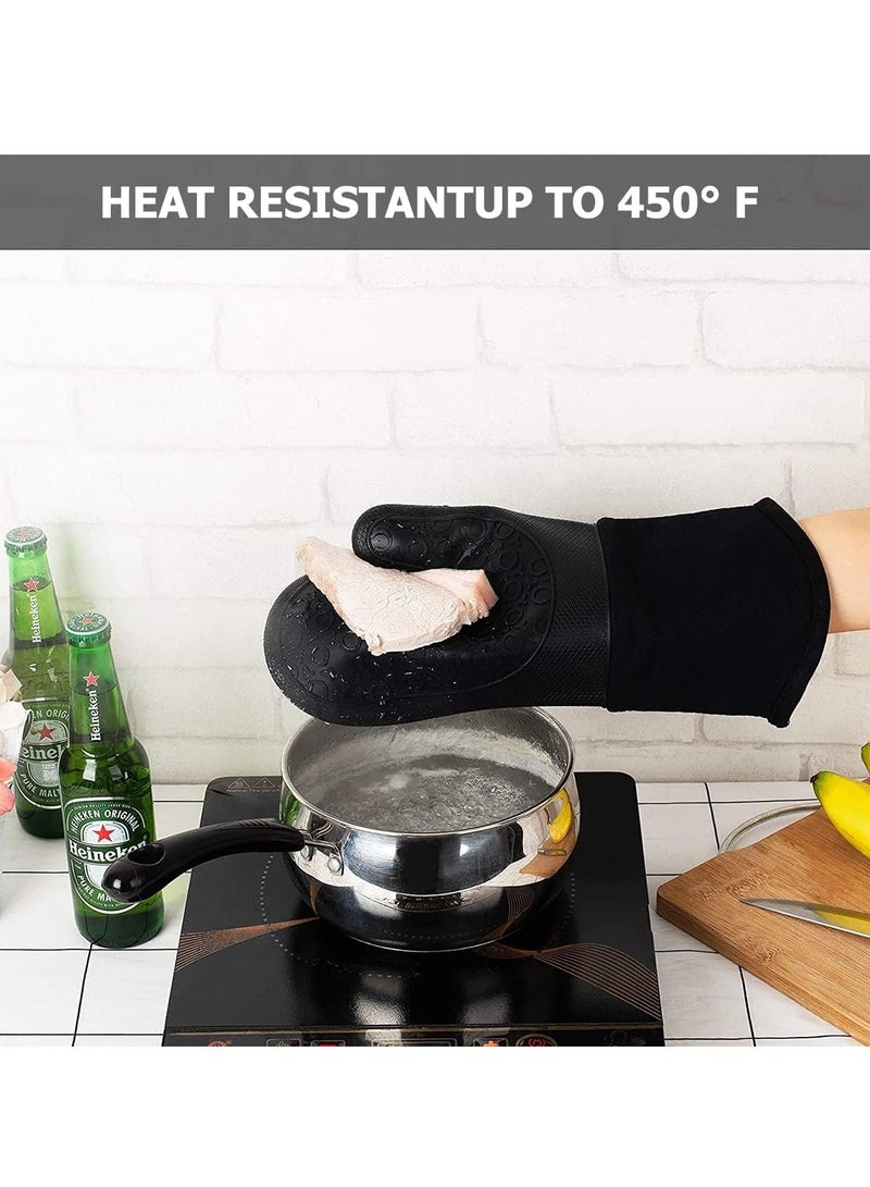 إي سي في في Black Silicone Oven Mitts Waterproof Heat Resistant BBQ Baking Gloves Long Oven Mitt Pot Holders for Kitchen Cooking Baking Grilling Black  - Image 3