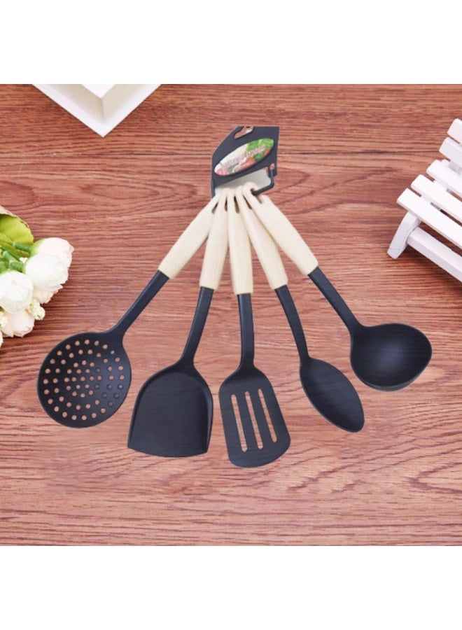 ECVV Kitchen Wok Tool Heavy Duty Wok 5 Pieces Utensils With Handle Heat Resistant For Cooking Black - Image 2