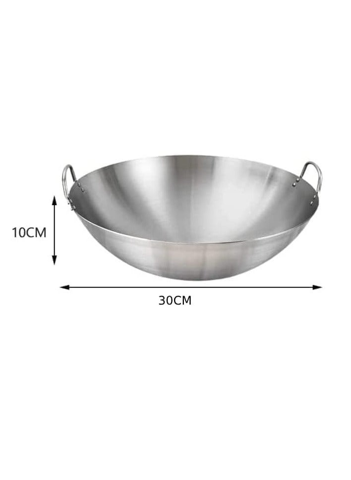 إي سي في في ECVV | 2PCS | Stainless Steel Wok Pan Stir Fry Pan Deep Frying Wok Nonstick Frying Skillet with Double Handles Flat Bottom Wok Chinese Cooking Wok 30cm/11.81 inch Stainless Steel 30cm/11.81 inchcm  - Image 2