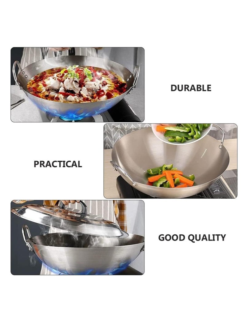 إي سي في في ECVV | 2PCS | Stainless Steel Wok Pan Stir Fry Pan Deep Frying Wok Nonstick Frying Skillet with Double Handles Flat Bottom Wok Chinese Cooking Wok 30cm/11.81 inch Stainless Steel 30cm/11.81 inchcm  - Image 3