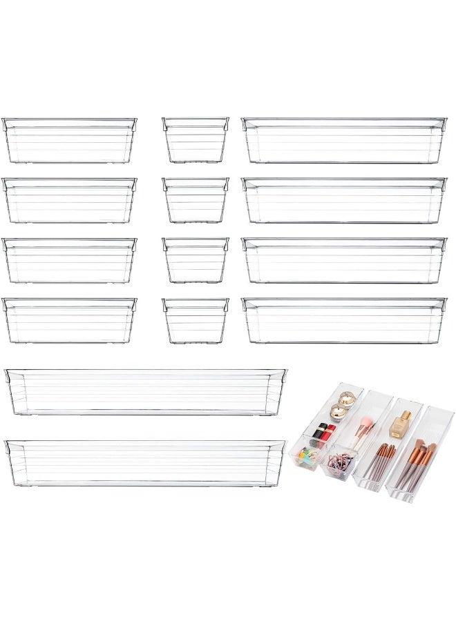 ECVV 14 PCS Clear Plastic Drawer Organizer Set, 4 Sizes Desk Drawer Divider Organizers Trays Storage Bins for Makeup, Bathroom, Kitchen, and Office - Image 1