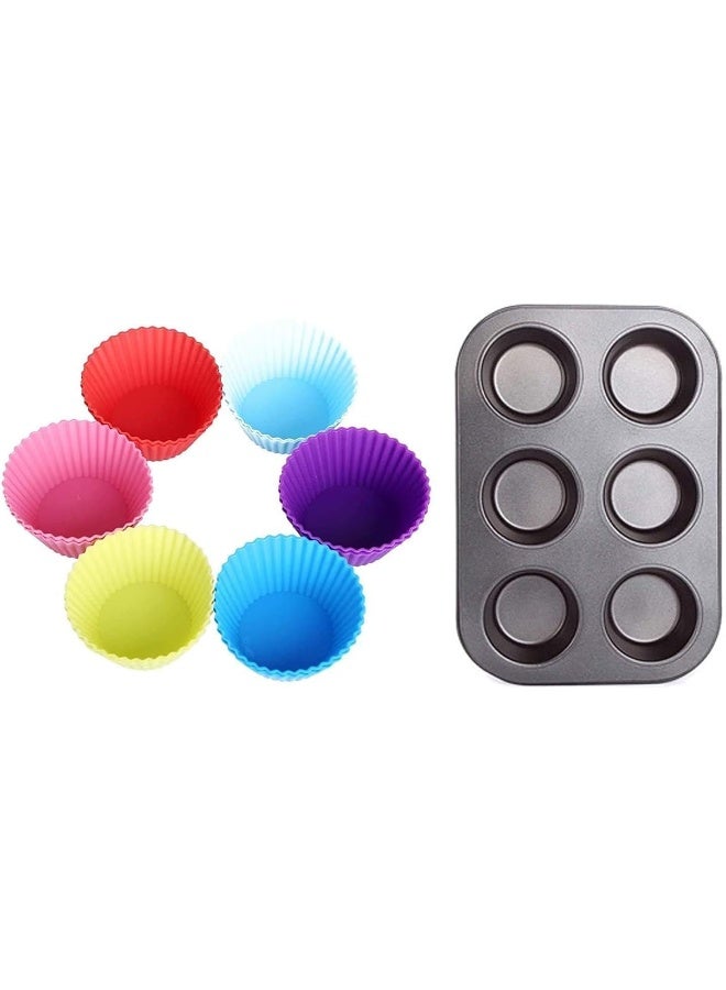 ECVV 6 Slot Reusable Silicone Round Shape Muffins Tray with Paper Cake Cup Liners Cupcake Cases Assorted Colour - Image 1