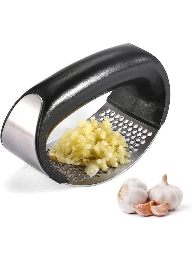 إي سي في في Garlic Press Rocker, Stainless Steel Garlic Mincer Crusher Professional Kitchen Gadgets Garlic Chopper with Ergonomic Handle, Silicone Garlic Peeler Black/Silver  - Image 1