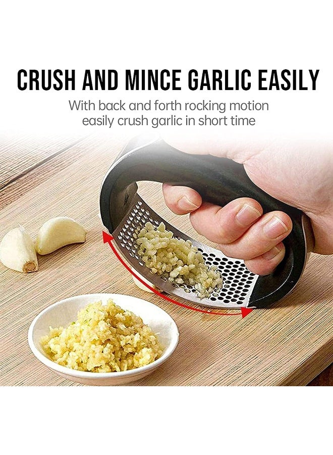 إي سي في في Garlic Press Rocker, Stainless Steel Garlic Mincer Crusher Professional Kitchen Gadgets Garlic Chopper with Ergonomic Handle, Silicone Garlic Peeler Black/Silver  - Image 3