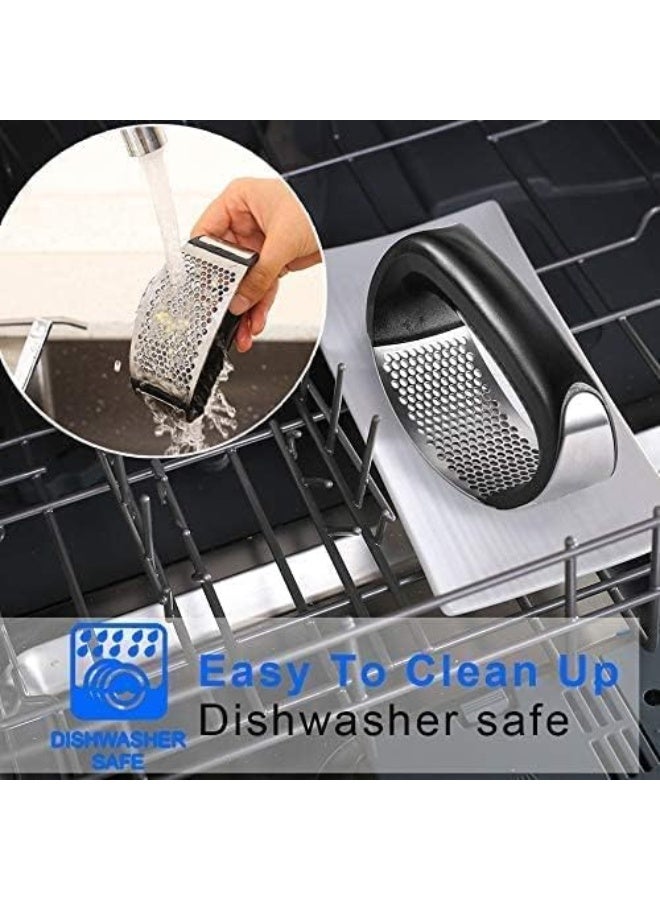 إي سي في في Garlic Press Rocker, Stainless Steel Garlic Mincer Crusher Professional Kitchen Gadgets Garlic Chopper with Ergonomic Handle, Silicone Garlic Peeler Black/Silver  - Image 5