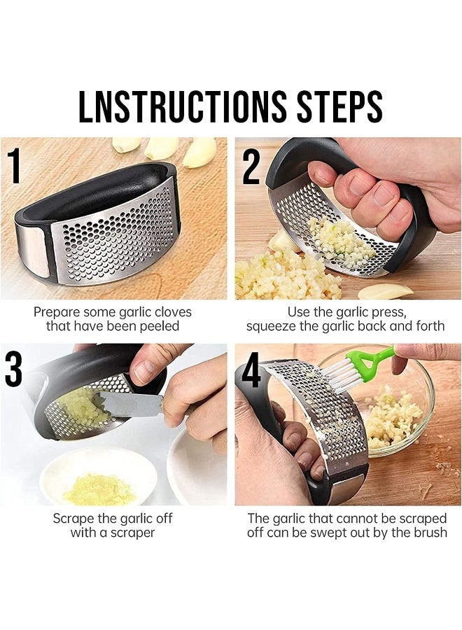 إي سي في في Garlic Press Rocker, Stainless Steel Garlic Mincer Crusher Professional Kitchen Gadgets Garlic Chopper with Ergonomic Handle, Silicone Garlic Peeler Black/Silver  - Image 4