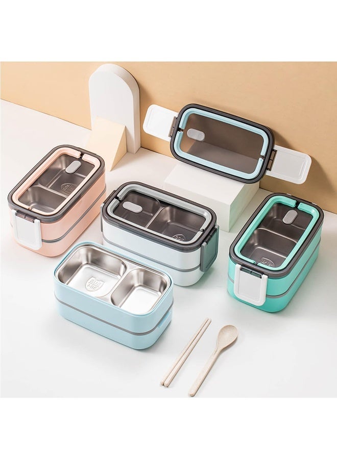 ECVV 2-Layer Leakproof Bento Box, Stainless Steel Food Meal Container, Large Lunch Box with Multi Compartment Lid Handle, Reusable Storage Box, Microwave Safe For School Office Blue  - Image 2
