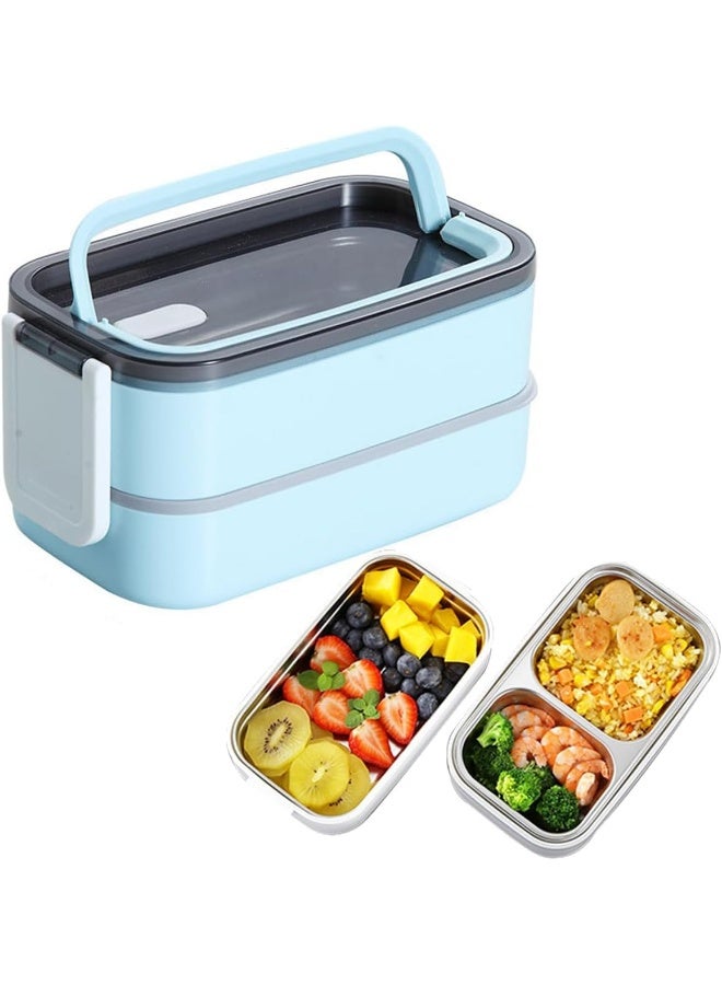 ECVV 2-Layer Leakproof Bento Box, Stainless Steel Food Meal Container, Large Lunch Box with Multi Compartment Lid Handle, Reusable Storage Box, Microwave Safe For School Office Blue  - Image 1
