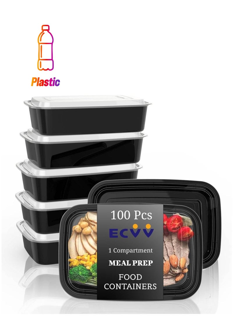 ECVV 100-Piece Meal Prep Containers with Lids 1 Compartment Plastic Food Storage Containers 32 Oz Black/Transparent - Image 1