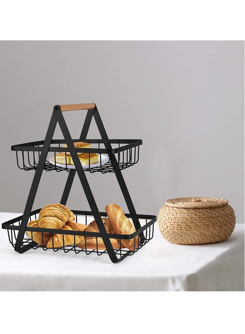 إي سي في في 2-Tier Countertop Fruit Basket Storage, Vegetable Rack Bread Display Stand for Kitchen, Black  - Image 2