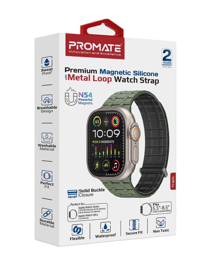 PROMATE - Powerful N52+ Magnetic Apple Watch Band With Metal Safety Loop, Durable Silicone, Compatible with All Apple Watch Sizes Midnight Green - Image 1