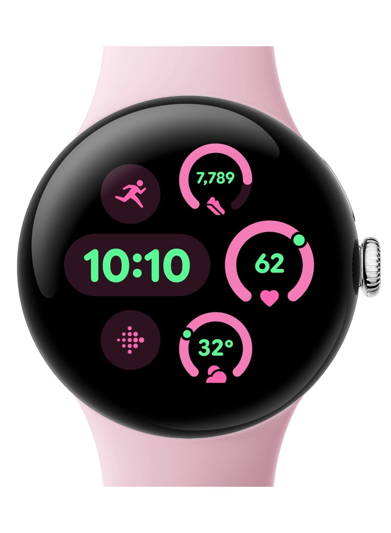 Google Pixel Watch 3 (41mm) - Android Smartwatch with Heart Rate Tracking, Advanced Running from Fitbit, Fitness Insights, 24-Hour Battery - Polished Silver Aluminium Case - Rose Quartz Band - Wi-Fi - Image 1