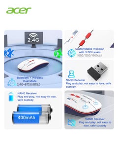 Acer L175S-H Wireless Mouse: Dual-Mode Connectivity, Type-C Charging, 3-Level DPI Adjustment, and Stylish Design for Enhanced Productivity white  - Image 3