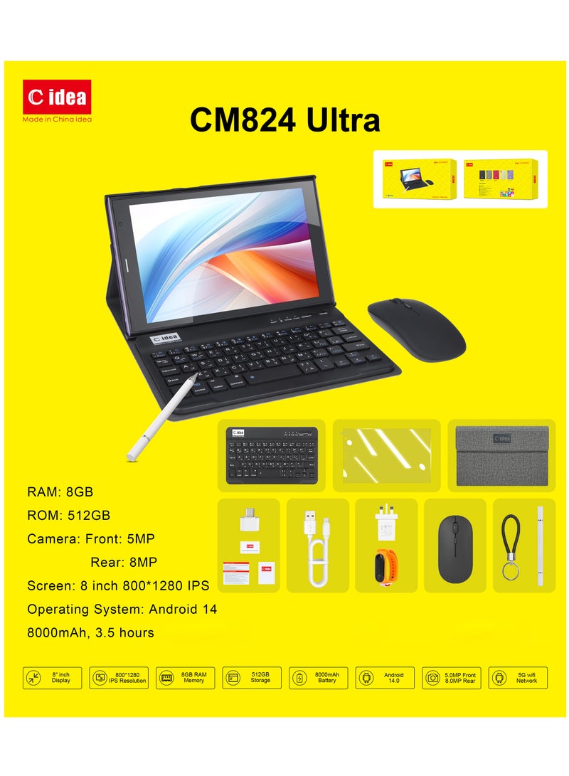 C idea - CM824 Ultra - 8" Android 14 Tablet with 8GB RAM 512GB Storage Single SIM 5G Network WiFi Dual Camera Keyboard & Stylus - Ideal for Work & Learning Black - Image 1