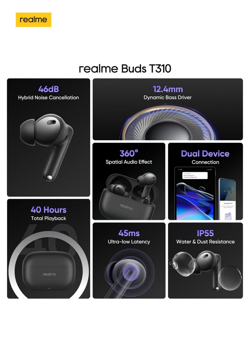 realme - Buds T310 Truly Wireless in-Ear Earbuds with 46dB Hybrid ANC, 12.4mm Dynamic Bass Driver, Upto 40Hrs Battery and Fast Charging Vibrant Black - Image 1