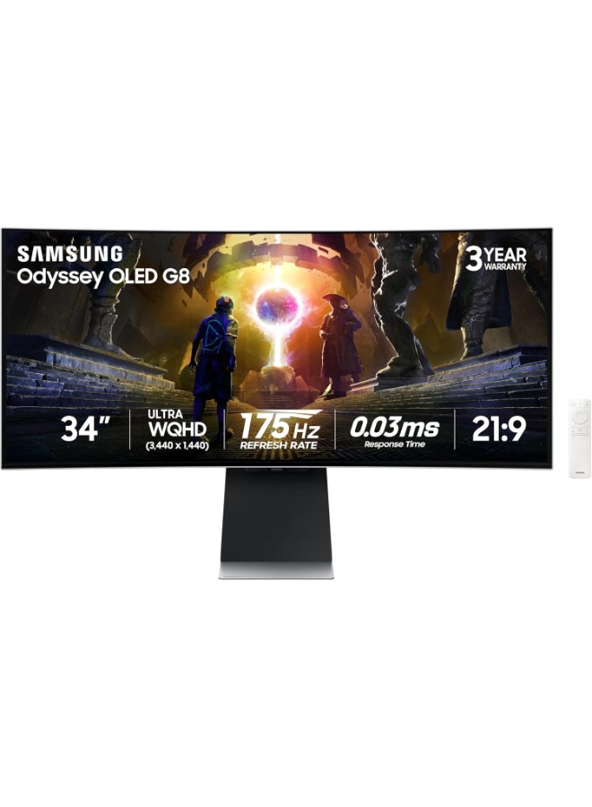 Samsung 34 inch Odyssey G8 Smart Gaming Monitor, OLED Display, UWQHD Resolution, 175Hz Refresh Rate, 0.03ms (GtG) Response Time, AMD FreeSync Premium Pro & G-Sync Technology| LS34DG852SMXUE silver - Image 1