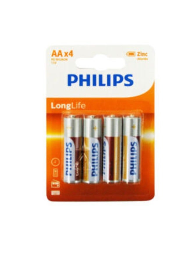 Philips 4PCS AA Longlife Zinc Battery 1.5V-R6 Multicolour 