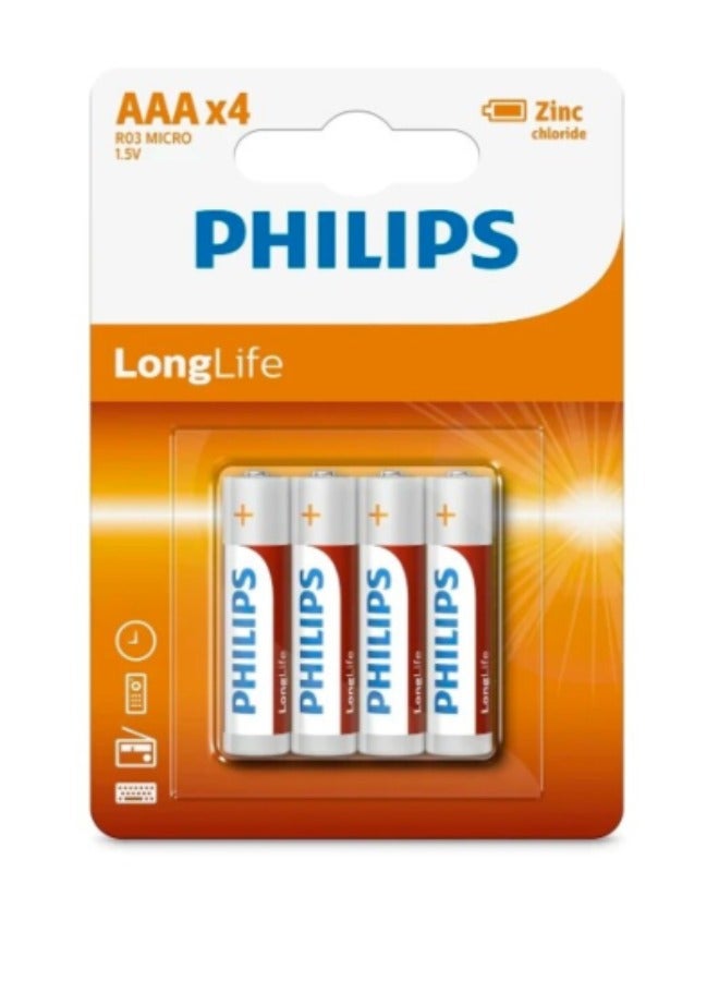 Philips AAA Zinc Carbon Long Life  Battery 1.5VPcs-4  Batteries Multicolour