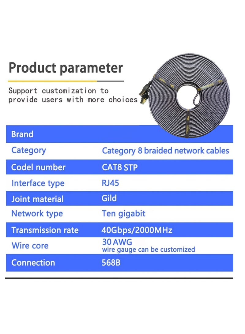 Cat 8 Ethernet Cable, Flat Nylon Braided High-Speed Internet Network LAN Patch Cord, 40Gbps 2000MHz FTP RJ45 Cable for Gaming, Modem, Router, PC, PS4/PS5 (3 Meter) Black