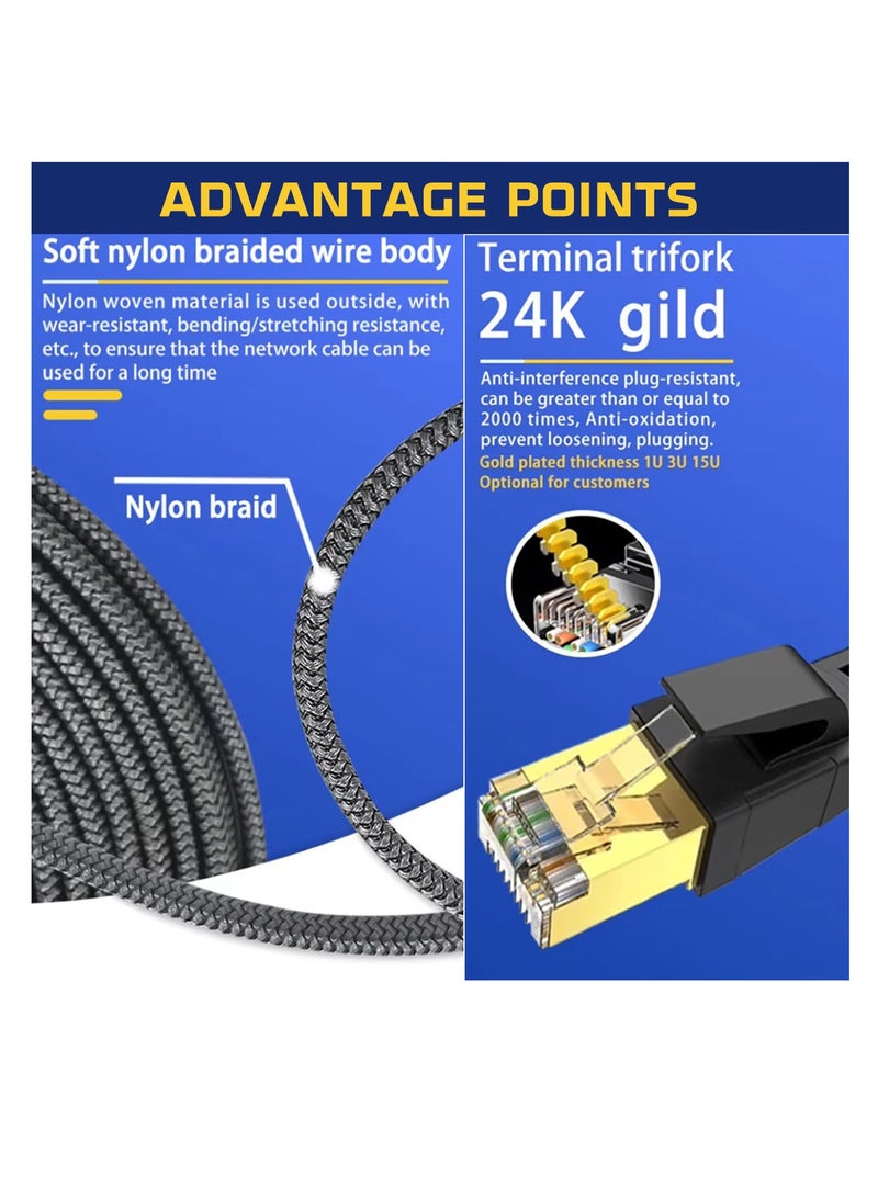 Cat 8 Ethernet Cable, Flat Nylon Braided High-Speed Internet Network LAN Patch Cord, 40Gbps 2000MHz FTP RJ45 Cable for Gaming, Modem, Router, PC, PS4/PS5 (3 Meter) Black