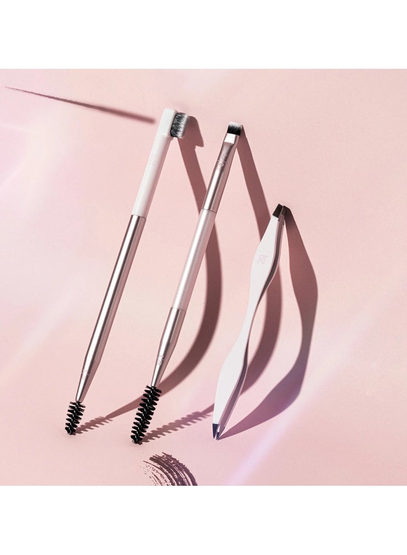 Brow Shaping Set Spoolie, Brow Brushes, Tweezers, Dual-Ended Eyebrow Tools For Styling & Shaping Eyebrows, Get Full Fluffy Brows 3 Piece Set Pink