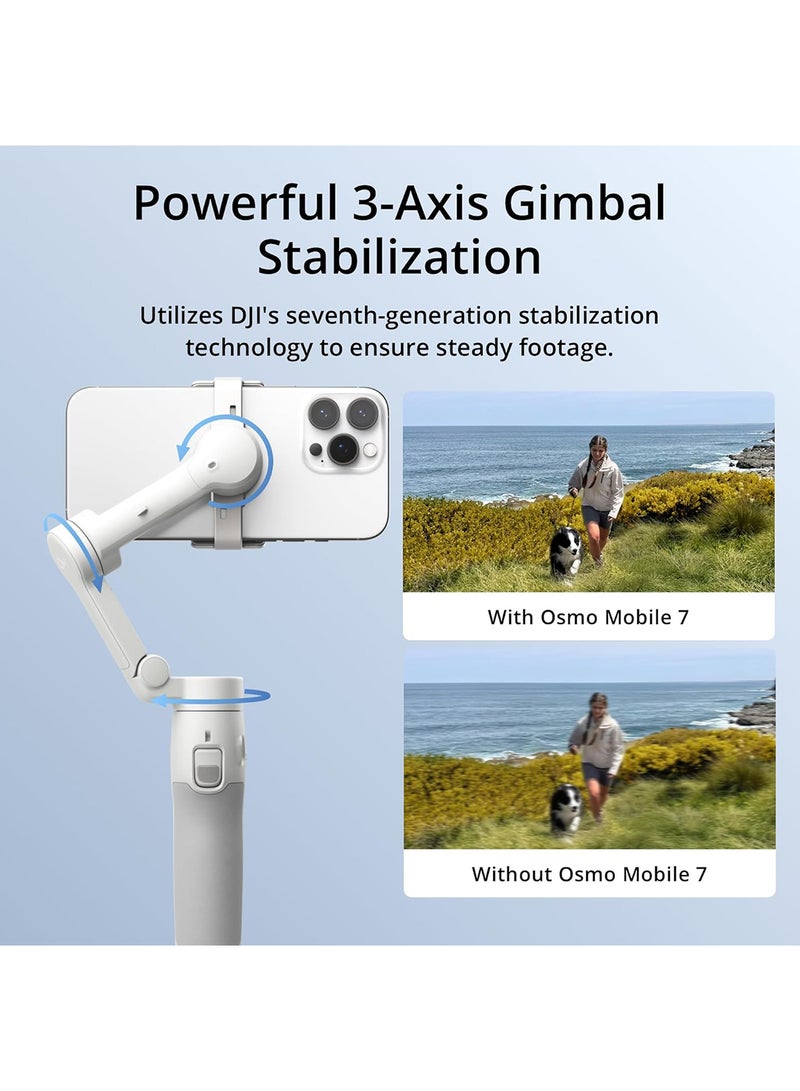 دي جي آي - Osmo Mobile 7 Gimbal Stabilizer for iPhone, Android, Built-in Tripod, Ultra-Light, Comfortable Grip, 3-Axis Phone Gimbal, ActiveTrack 7.0, ShotGuides, One-Tap Edit, 10hrs Use, Phone Charging Grey - Image 1
