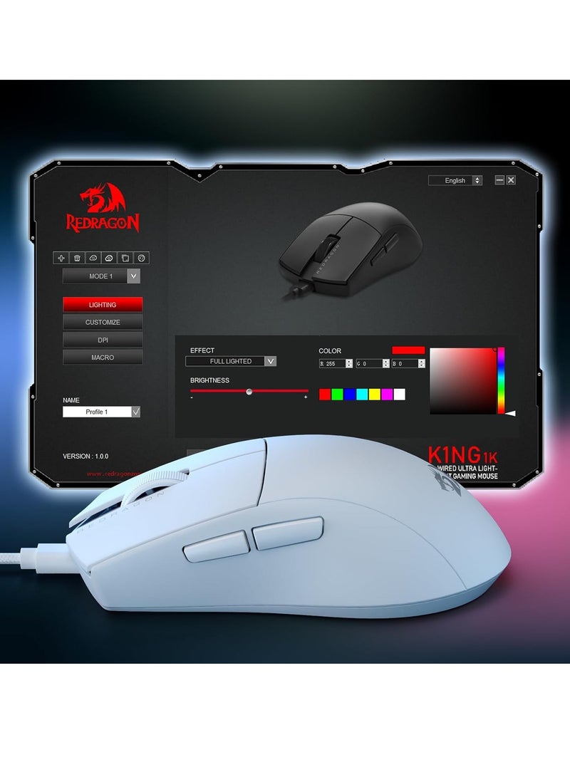 REDRAGON - K1NG M724 Wired Gaming Mouse, 42G Ultra-Light 12,400 Max DPI Optical Gaming Mouse with 5 Programmable Buttons, Ergonomic Natural Grip Build, Software Supports DIY Keybinds & DPI, White - Image 1