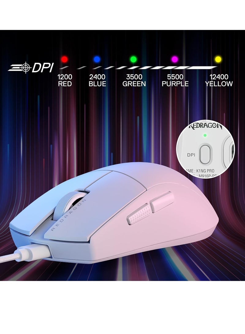 REDRAGON - K1NG M724 Wired Gaming Mouse, 42G Ultra-Light 12,400 Max DPI Optical Gaming Mouse with 5 Programmable Buttons, Ergonomic Natural Grip Build, Software Supports DIY Keybinds & DPI, White - Image 1