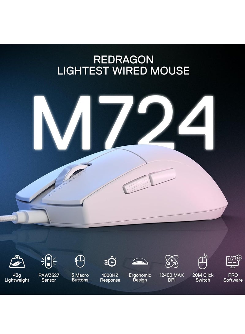 REDRAGON K1NG M724 Wired Gaming Mouse, 42G Ultra-Light 12,400 Max DPI Optical Gaming Mouse with 5 Programmable Buttons, Ergonomic Natural Grip Build, Software Supports DIY Keybinds & DPI, White - Image 2