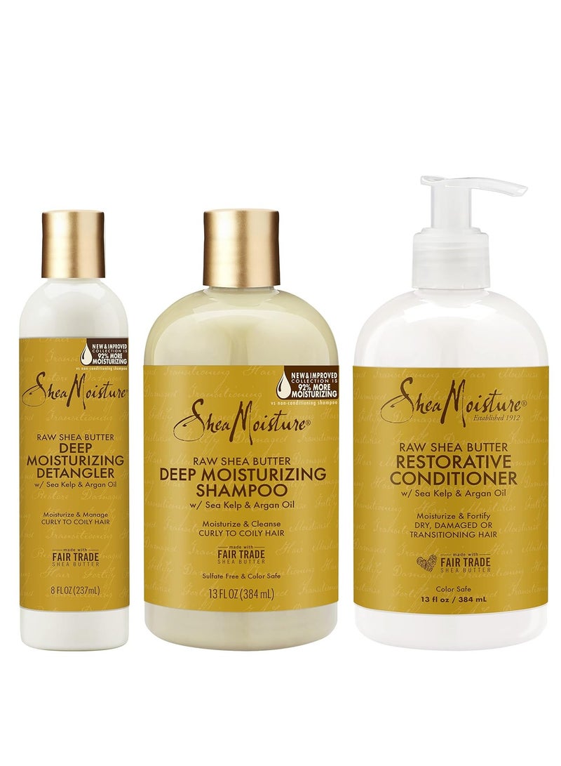 SheaMoisture Deep Moisturizing Hair Care For Curly, Dry and Damaged Hair Raw Shea Butter 3 Count Sulfate Free Shampoo and Conditioner, Hair Detangler with Sea Kelp and Argan Oil - Image 1