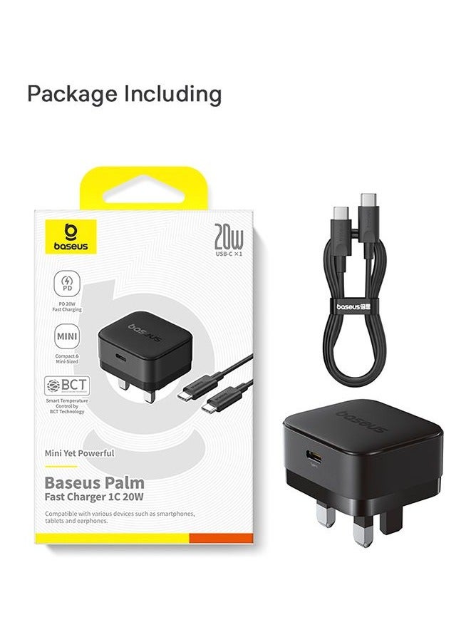 Baseus - Palm Fast Charger 1C 20W UK Cluster Black (with Baseus Mini White Cable USB-C to USB-C 60W (20V/3A) 1M Cluster Black) Cluster Black - Image 1