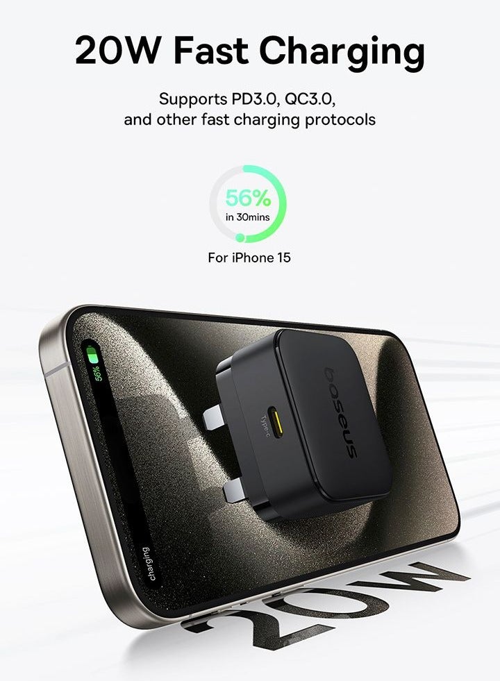 Baseus - Palm Fast Charger 1C 20W UK Cluster Black (with Baseus Mini White Cable USB-C to USB-C 60W (20V/3A) 1M Cluster Black) Cluster Black - Image 1