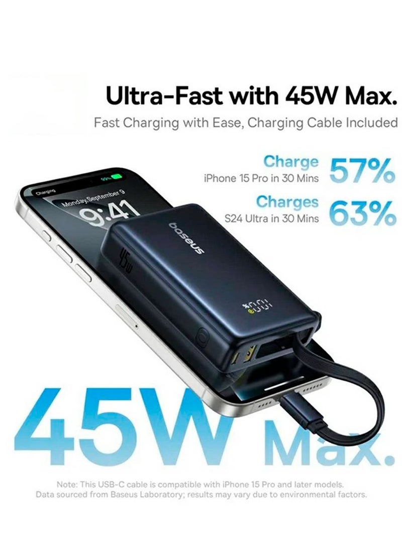 Baseus 10000 mAh 45W Power Bank with Built-in Type-C Cable - Cosmic Black  - Image 5