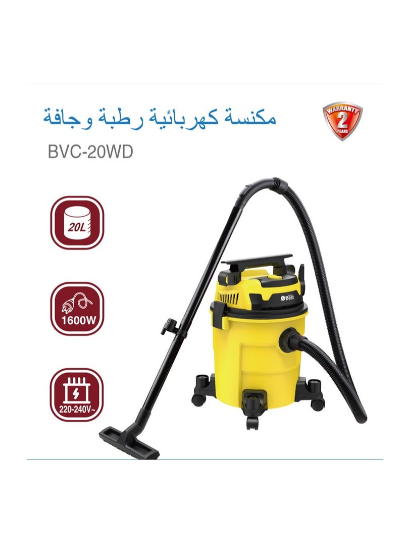 Techno Best Multipurpose Dry Vacuum Cleaner, Large Dust Capacity 20 L 1600 W BVC-20WD Yellow  - Image 1