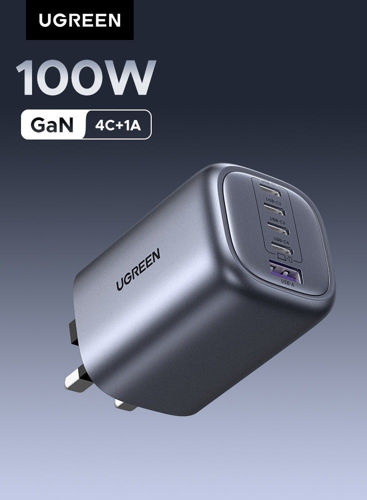 Ugreen Nexode 100W 4C1A Charger Type C GaN Adapter USB C Wall Plug Portable Travel Partner Compatible With Macbook Pro Air iPhone 16 Pro Max Galaxy S25 S24 Ultra X6 Huawei Xiaomi OPPO Vivo Honor iPad HP SLR Grey 