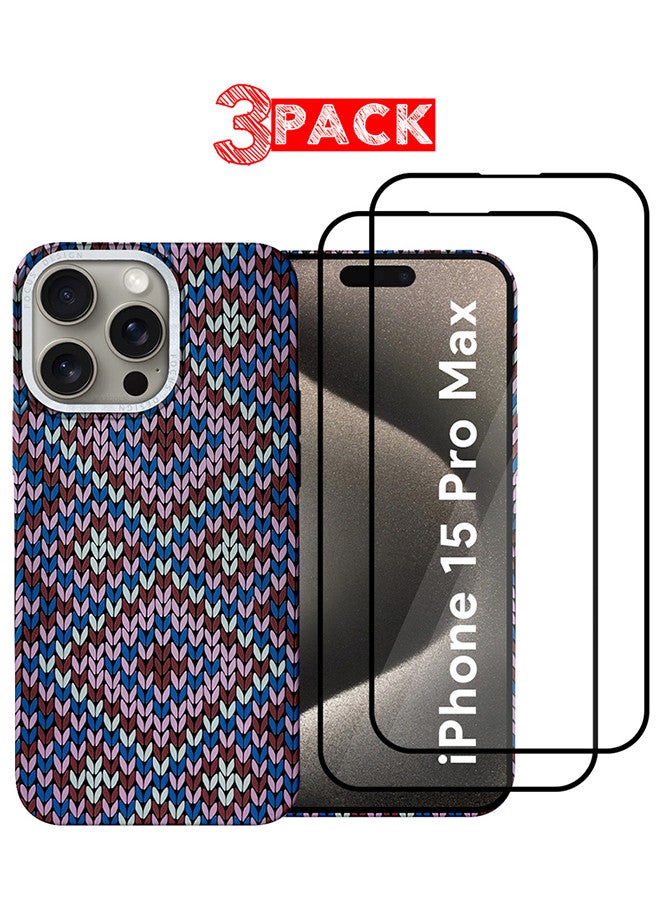 MARGOUN iPhone 15 Pro Max MagEZ Case Cover Fusion Weaving Pattern Kevlar Fiber Bulletproof Vest Cover Protective Ultra Slim Magnetic, Screen and Camera Guard - Pack of 3 - Purple-3k - Image 1