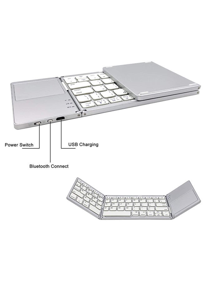 MARGOUN - Bluetooth Keyboard with Sensitive Touchpad, Multi Devices, Pocket-Sized Tri-Folding Rechargeable Wireless Portable Keyboard for iPhone, iPad, Smartphone,Laptop Tablet B033 Silver - Image 1