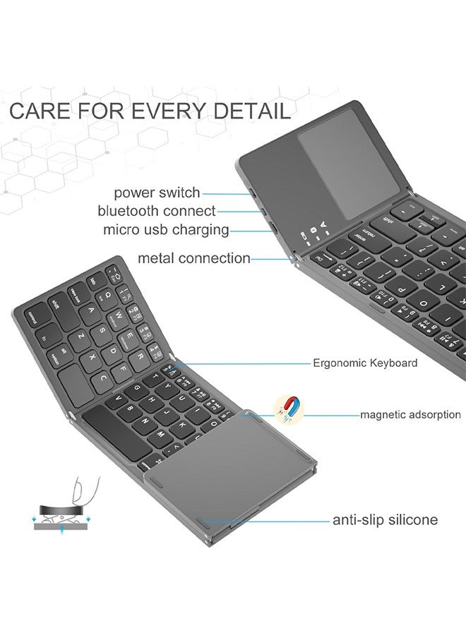 MARGOUN - Bluetooth Keyboard with Sensitive Touchpad, Multi Devices, Pocket-Sized Tri-Folding Rechargeable Wireless Portable Keyboard for iPhone, iPad, Smartphone,Laptop Tablet B033 Grey - Image 1
