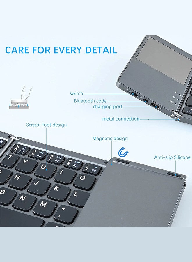MARGOUN - Bluetooth Keyboard with Sensitive Touchpad, Multi Devices, Pocket-Sized Tri-Folding Rechargeable Wireless Portable Keyboard for iPhone, iPad, Smartphone,Laptop Tablet B033 Grey - Image 1