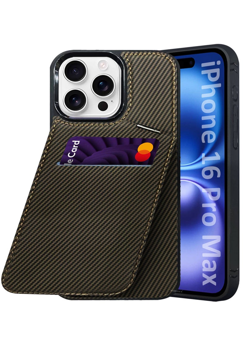 MARGOUN iPhone 16 Pro Max Case Cover Leather with Card Holder and Kickstand for Men Women Phone Case with Carbon Fiber Pattern Brown-1  - Image 1