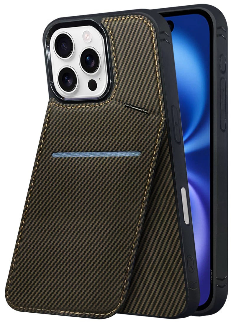 MARGOUN iPhone 16 Pro Max Case Cover Leather with Card Holder and Kickstand for Men Women Phone Case with Carbon Fiber Pattern Brown-1  - Image 3