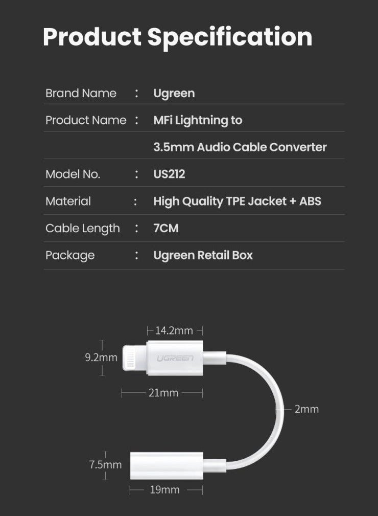 Ugreen - Lightning to AUX 3.5mm Headphone Jack Adapter - White - Image 1