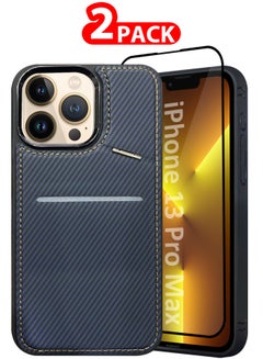 MARGOUN iPhone 13 Pro Max  Case Leather Cover Card Holder and Kickstand with 1 Screen Protector Tempered Glass for Men Women Phone Case with Carbon Fiber Pattern - Pack of 2 - Blue-2  - Image 1