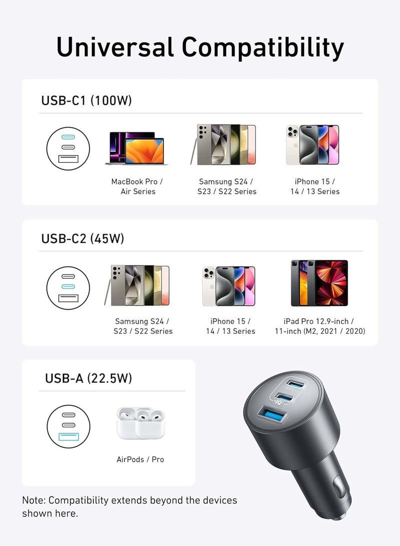 Anker - Car Charger, 167.5W Max 3-port Car Charger Adapter, Usb-c Car Adapter For Macbook Pro/Air, Iphone 15/14 Series, Samsung S24/S23, Ipad, Airpods, Mp3 Player Black - Image 1